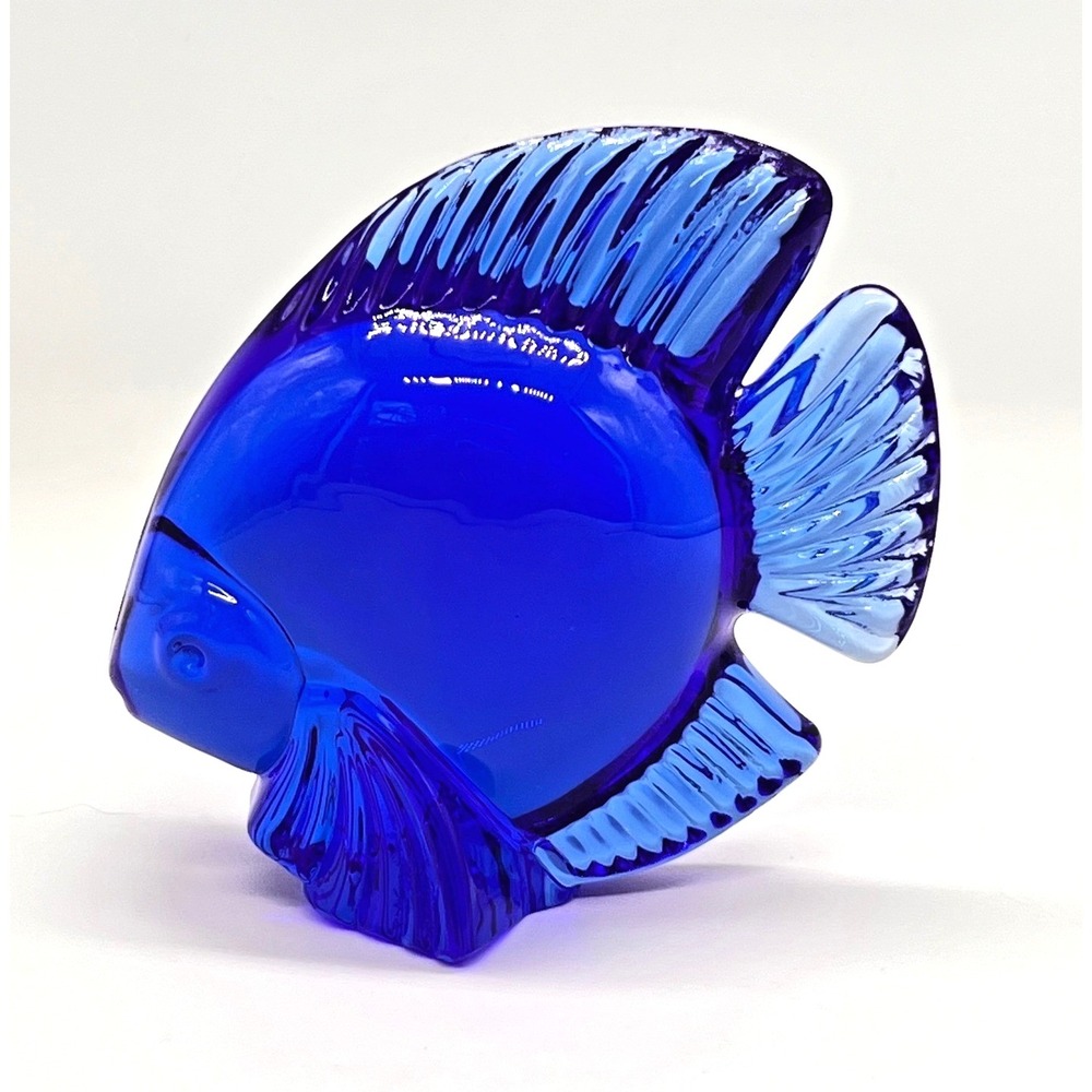 Daum Cristal Fish Figurine Cobalt Blue French Signed Etched Crystal
